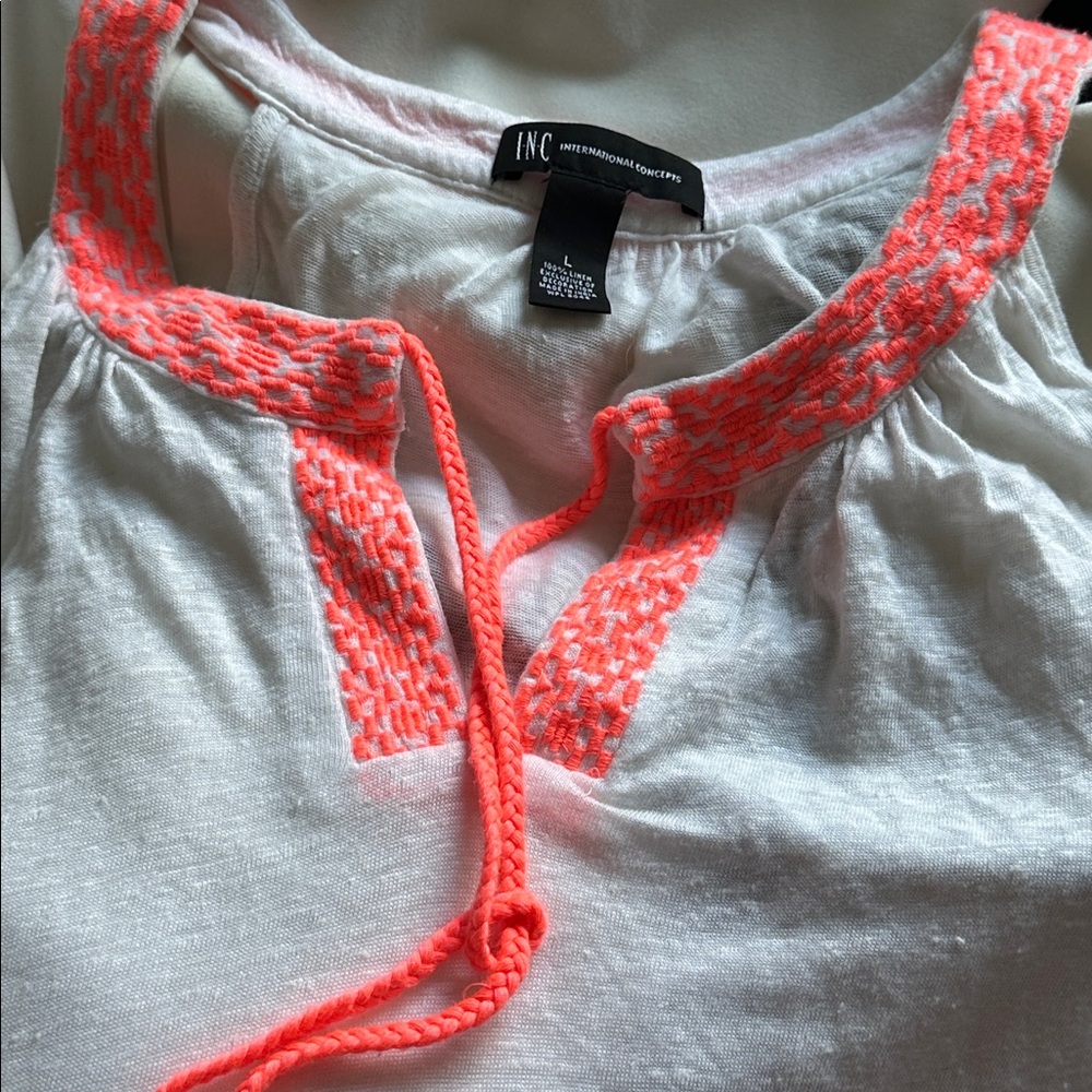 INC International Concepts - White Linen Sleeveless Top with Coral Embroidery